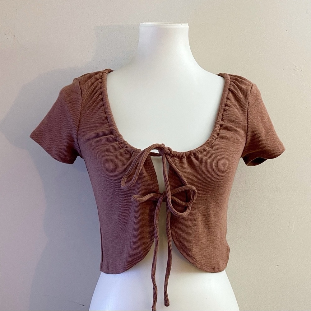 Aeropostale Women's Tan Tie-Front Ribbed Knit Crop Blouse Mocha Mousse Fall Boho